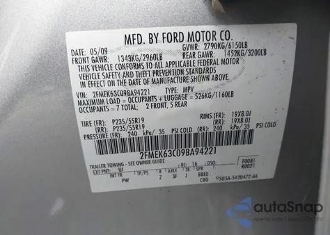 2009 Ford Flex Limited from USA, damaged, VIN 2FMEK63C09BA94221